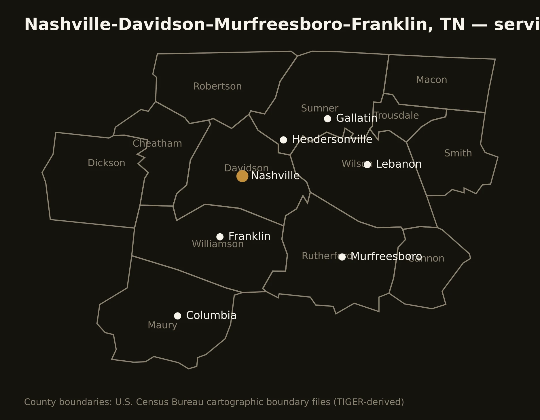 Nashville-Davidson–Murfreesboro–Franklin, TN directional drilling service area map — component counties and cities served